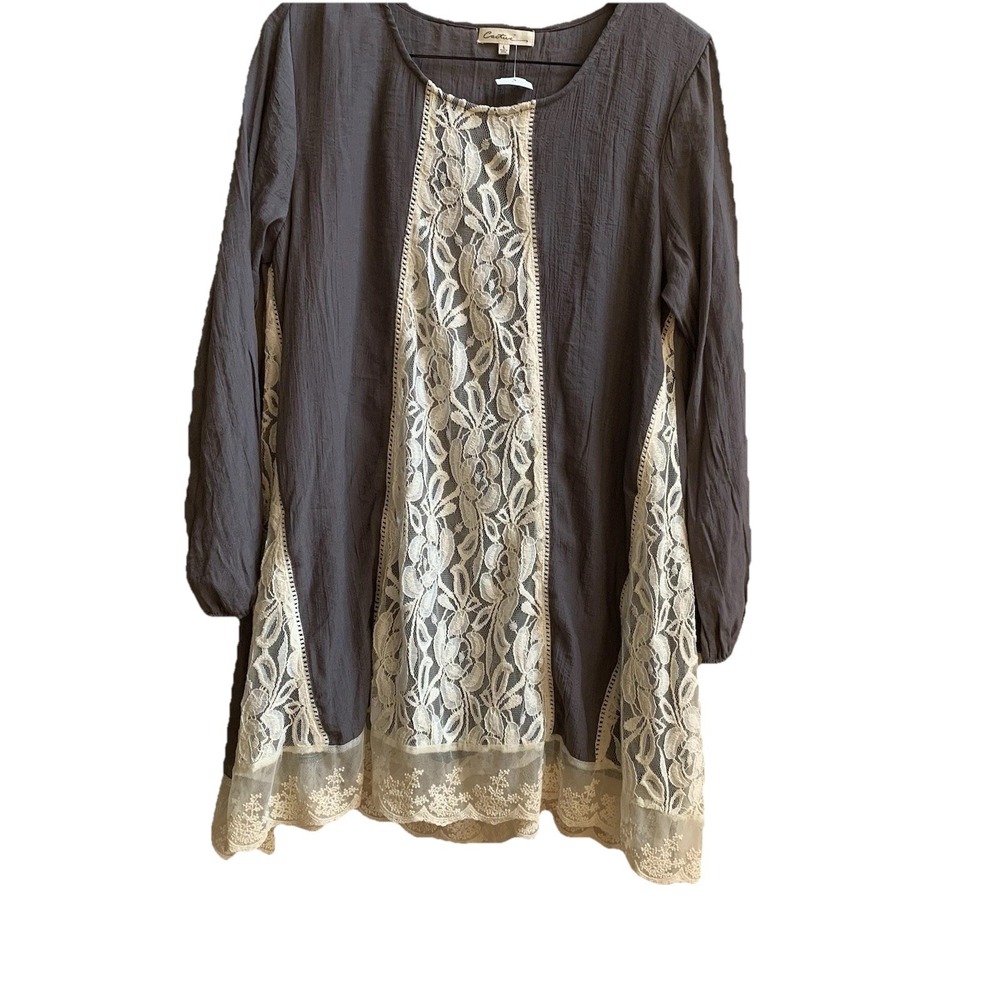 CACTUS Women's Boho Lace Tunic top SZ-Large 3/4 Sleeve Rayon & Cotton Blend Grey